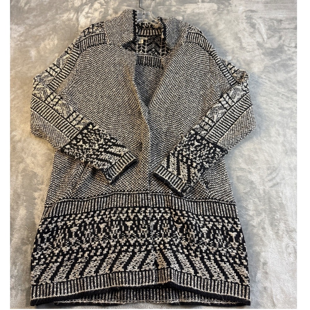 Lucky Brand Womens Black White Geometric Tribal Longline Cardigan Sweater Large